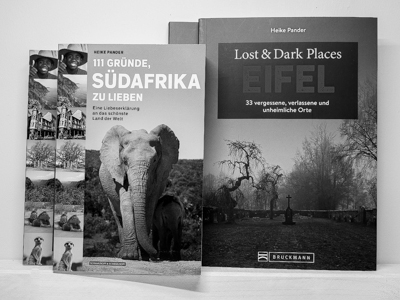 Das Bild zeigt einen Gel-Druck in schwarz-beige. Zu sehen ist ein Foto von Büchern, die die Künstlerin und Autorin Heike Pander geschrieben hat und die über Verlage veröffentlicht wurden.