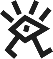 Das Bild zeigt das Logo des BBK Berlin - Berufsverband Bildender Künstler*innen Berlin e.V. Zu sehen ist ein stilisiertes Auge mit Wimpern, das auf zwei Beinen geht. Das Logo ist schwarz-weiß.