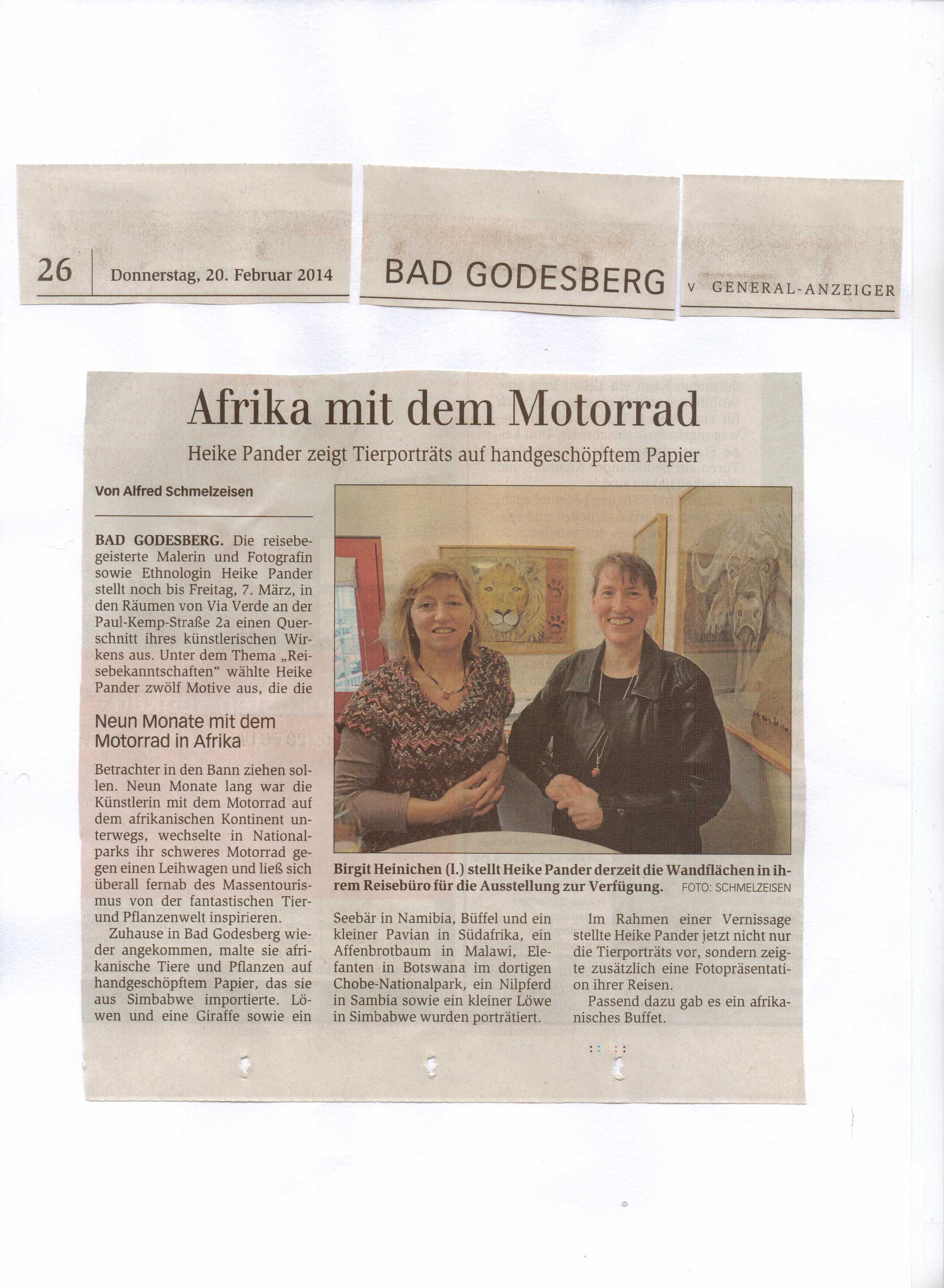 Afrika mit dem Motorrad, Vernissage, Reisebüro Via Verde, Beitrag im Bonner Generalanzeiger