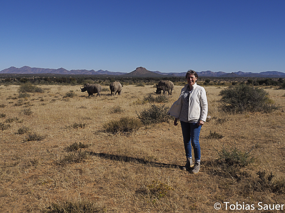 Heike Pander mit Breitmaulnashörnern, Nähe Windhoek, Namibia, Tobias Sauer