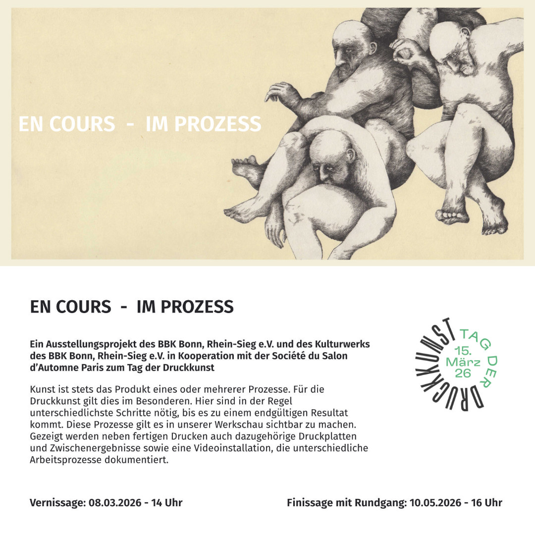 Einladung mit Bild und Information zur Ausstellung "EN COURS - IM PROZESS", Pumpwerk Siegburg, organisiert vom BBK Bonn, Rhein-Sieg e.V.