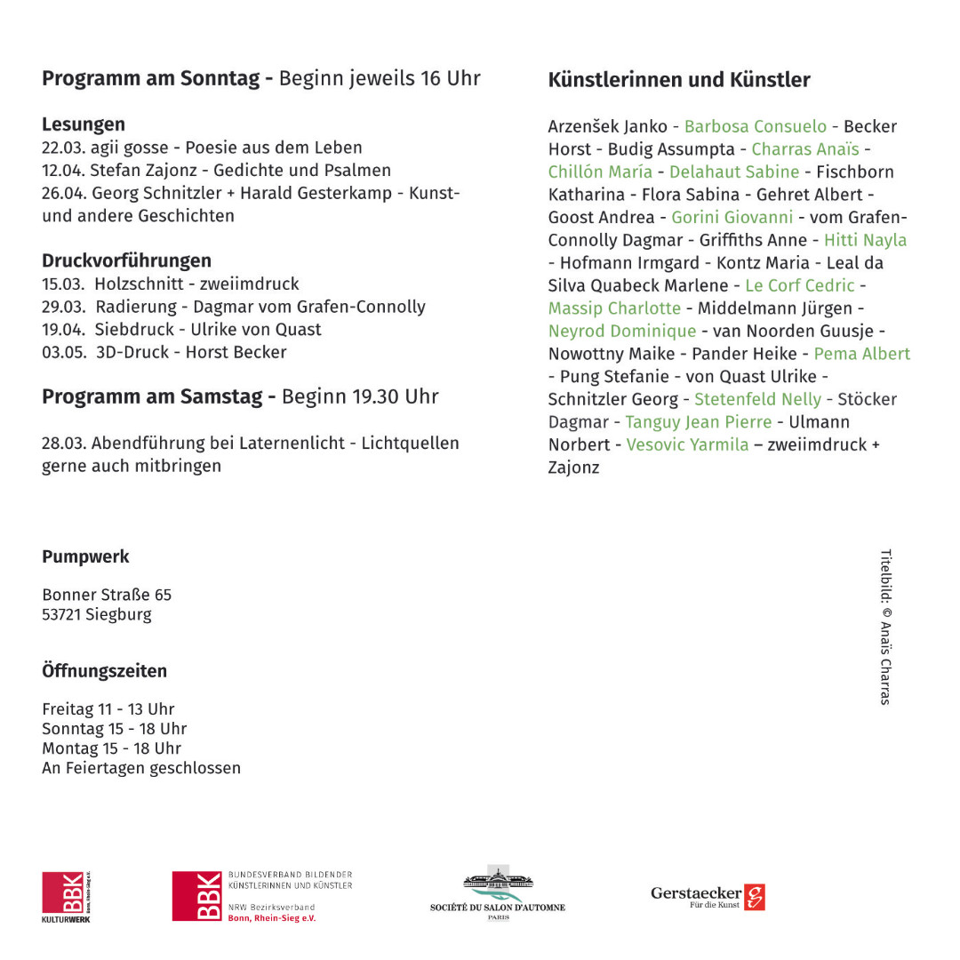 Einladung mit Information zu teilnehmenden Künstlerinnen und Künstlern an der Ausstellung "EN COURS - IM PROZESS", Pumpwerk Siegburg, organisiert vom BBK Bonn, Rhein-Sieg e.V. 